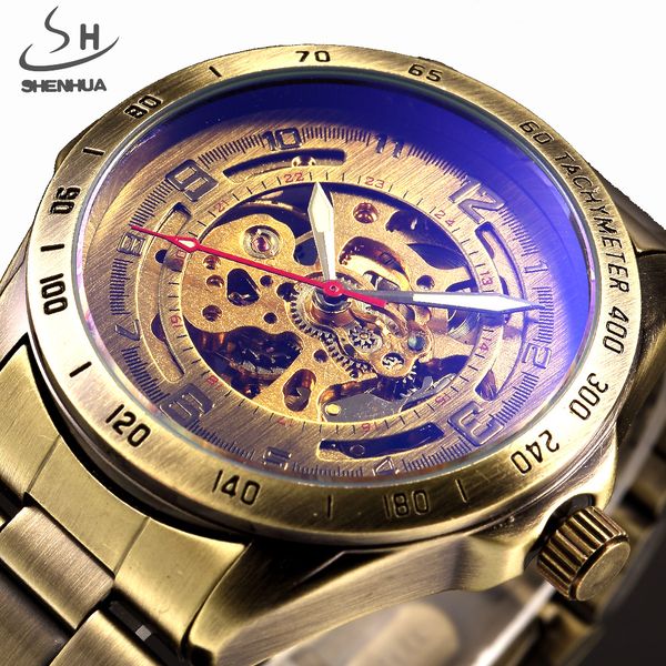 

wholesale- shenhua bronze case men skeleton automatic mechanical watches analog male clock stainless steel strap self wind watch, Slivery;brown