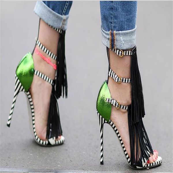 

wholesale-brand new high heels fringe summer sandals open toe plus size gladiator runway party shoes women pumps zapatos mujer 749, Black