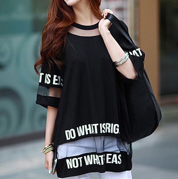 

wholesale- 2016 plus size t shirt women summer half sleeve fashion hollow out letter printed long mesh female t-shirt tees, White