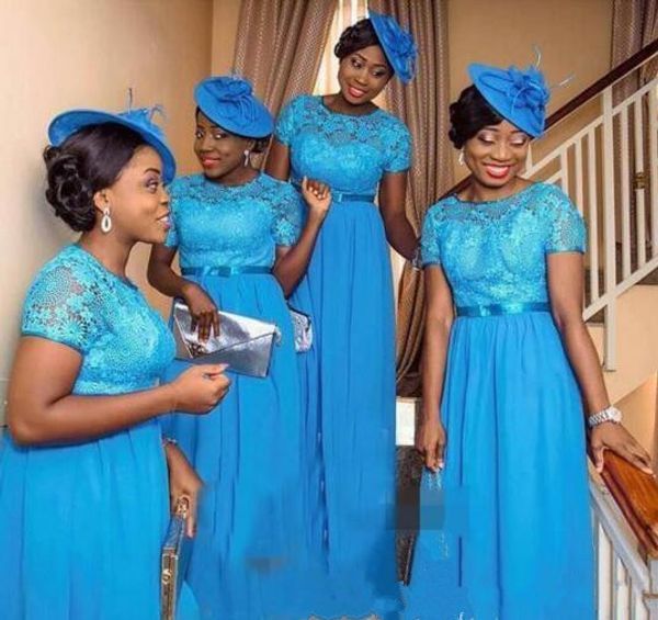

2017 New Afraic Light Blue Lace Applique A-Line Long Bridesmaid Dresses Jewel Short Sleeves Evening Dresses Formal Party Gowns Custom Made, Blue;red