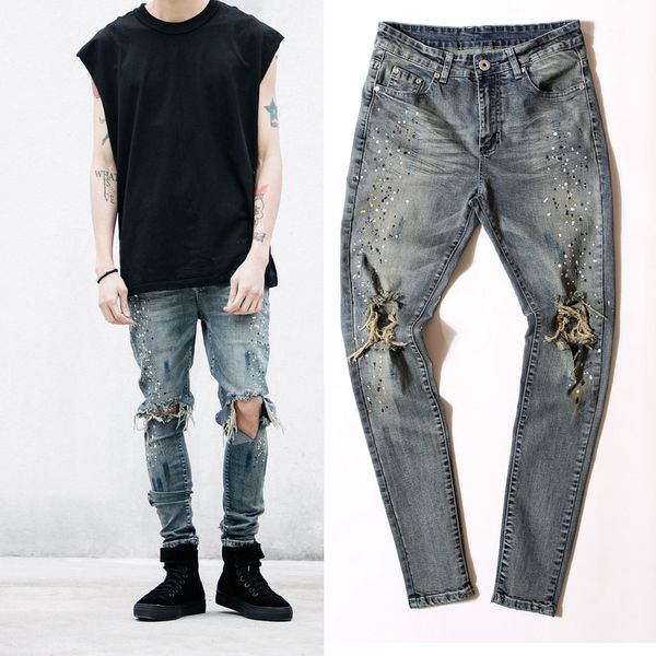 

2019 29-36 men designer clothes denim jumpsuit jean pants korean rock splash-ink stretch moto distressed ripped skinny men hole jeans, Blue