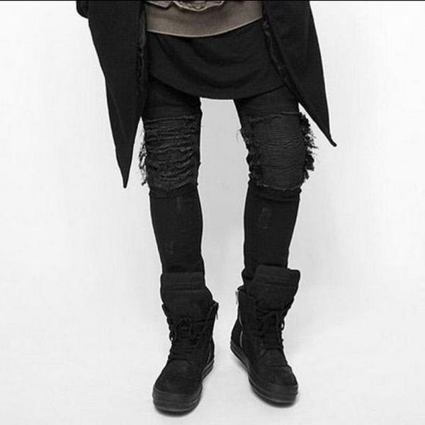 

wholesale- hiphop streetwear pants mens ripped jeans cotton slim fit motorcycle jeans men vintage distressed denim jeans, Blue