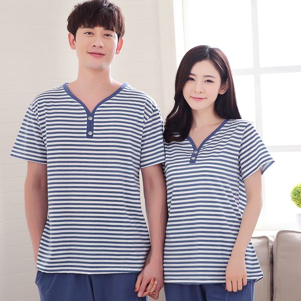 

wholesale- peignoir home couple pajamas set 100% cotton pajamas spring summer men and women short sleeve pants sleepwear lover night suits, Black;red