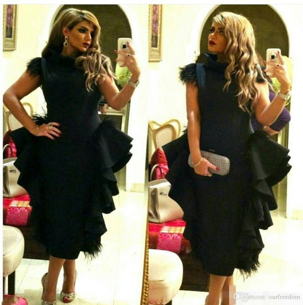 

High Neck Ostrich Feather On Shoulder Evening Dresses Ruffles Black Peplum Tea Length Formal Arabic Prom Party Dresses Custom Made
