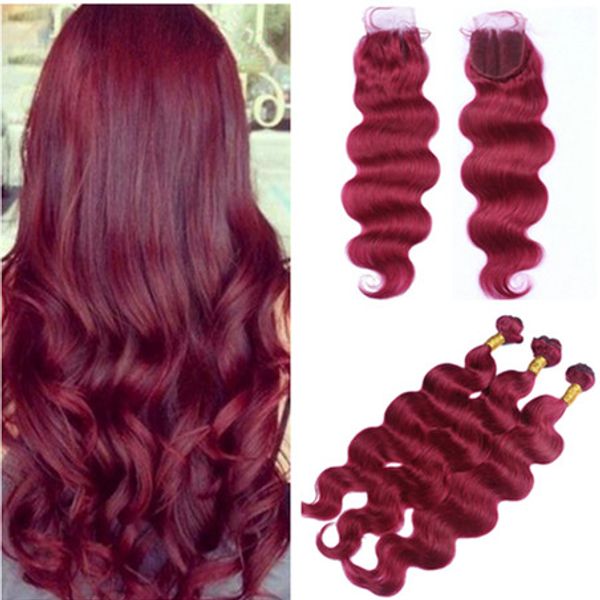 Brasileira Borgonha Cabelo Humano Virgem Vermelho Tece com Top Fechamento Onda Do Corpo # 99J Vinho Vermelho 4x4 Fechamento Frontal Do Laço com 3 Pacotes 4 Pcs Lote