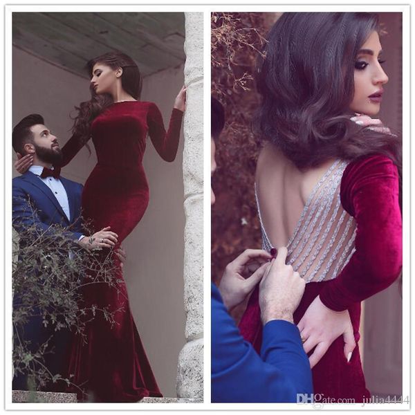 

Sexy Burgundy Velvet Evening Dresses Bateau Mermaid 2019 Prom Dress Formal Gowns Trumpet Long Sleeves Saudi Arabic Dubai Cheap Open Back