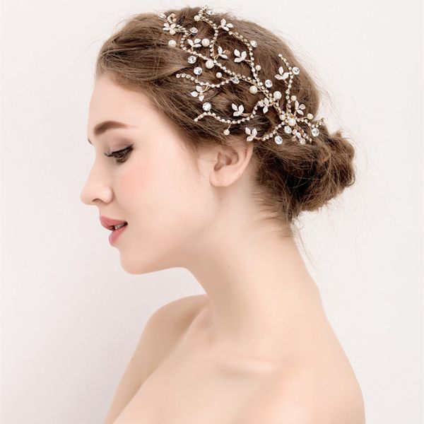 New Vintage Crystal Handmade Bridal Hair Jewelry Gold Leaf Head