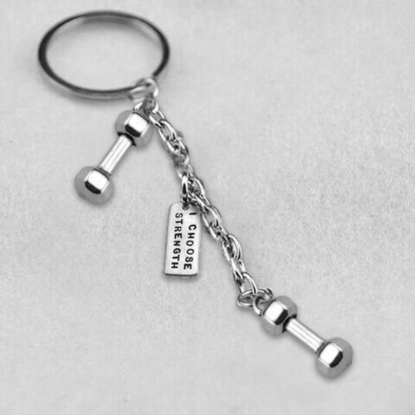 

12pcs/lot antique sillver tone small barbell keychain, i choose strength charm key chain, key ring, Silver