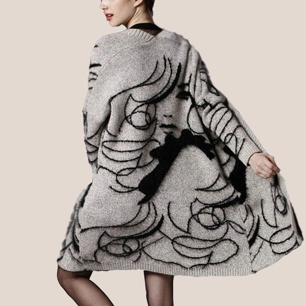 

wholesale-long section autumn new of abstract pattern loose bat sleeve knit cardigan jacket women sweater women, White;black