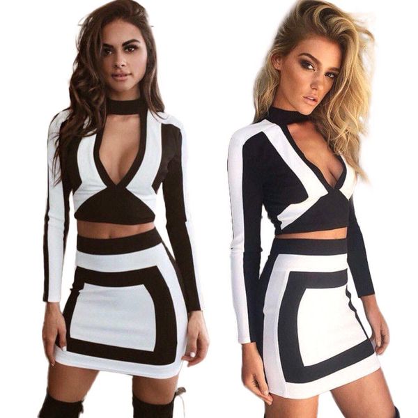 

spring autumn womens club dress two piece outfits bodycon mini dress party dresses vestidos night club dress, White;black
