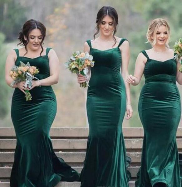 

vintage 2017 new design hunter green velvet mermaid bridesmaid dresses long spaghetti plus size maid of honor gowns, White;pink