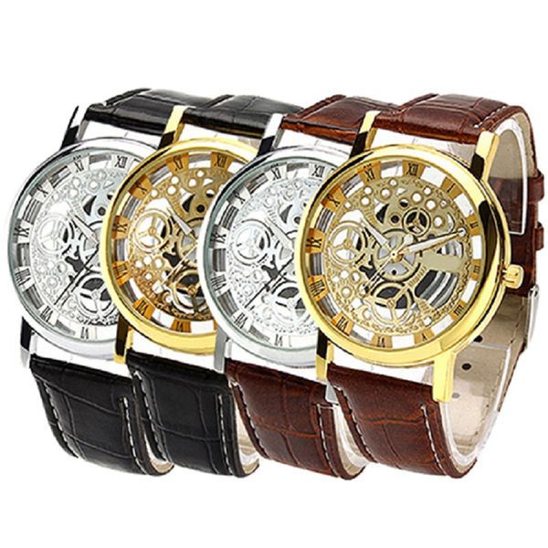 

wholesale- 2016 fashion sports dress watch roman numerals faux leather band skeleton analog wrist watches, Slivery;brown