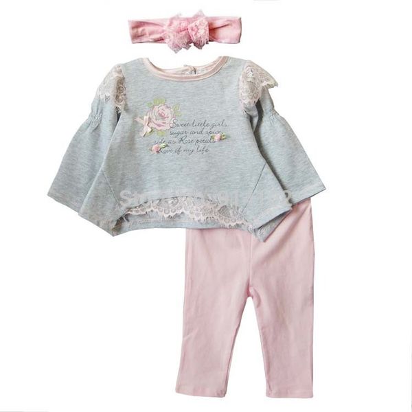 

wholesale- 2016 new baby clothing set spring/autumn girls 3 piece suits t-shirt +pants+bowknot headband princess flowers kid clothes, White