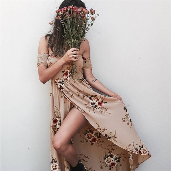

boho style long dresses for womens off shoulder beach summer dresses floral print vintage chiffon white maxi dress beach dresses la467, Black;gray
