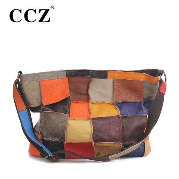 

wholesale- ccz genuine leather women's bag color patchwork women handbag fashion ladies bucket tote cowhide lady shoulder bags bolsa hb