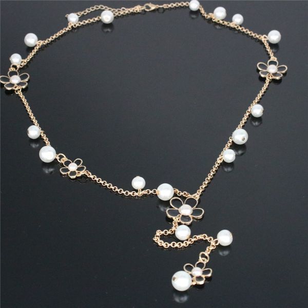 

Women Designer Necklace Imitated Pearl Flower Necklaces & Pendants Heart Double Chain Pendant Long Chain For Dress Accessories Jewelry