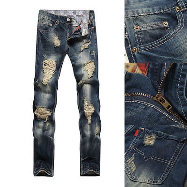 

wholesale-2016 fashion mens skinny jeans men runway distressed slim elastic jeans denim biker jeans hip hop pants acid washed jean, Blue