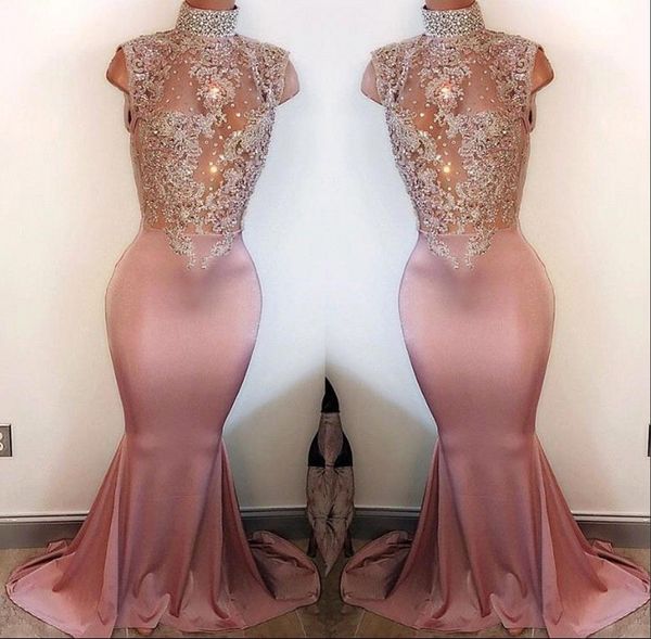 

custom dusty pink prom dresses 2017 mermaid high neck pearls sleeveless lace appliques beaded crystals vestidos de fiesta evening gowns, Black