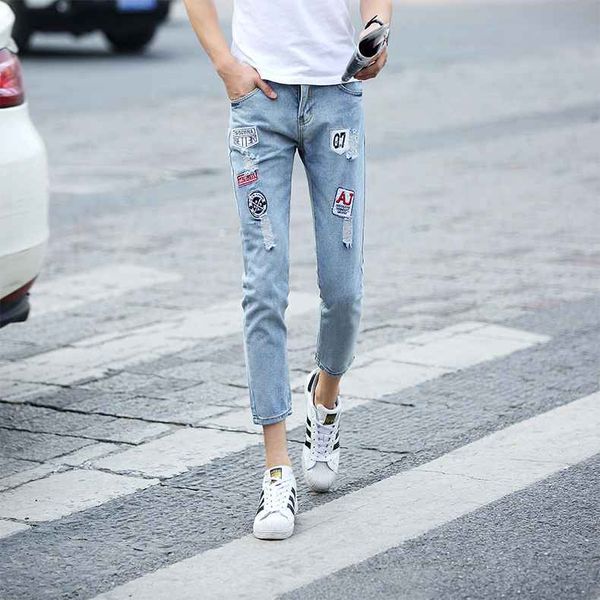 

wholesale-#1424 spring summer hip hop jeans skinny fashion slim fit mens designer clothes denim jeans men distressed high quality brand, Blue