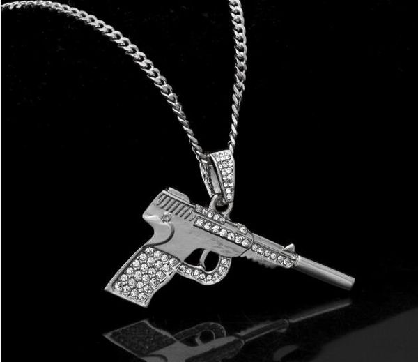 

hip hop foreign trade new rhinestone hip hop p38 short pistol mini pendant european and american personality trend gold-plated necklace, Silver