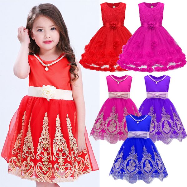 

2017 fashion girls wedding princess dresses embroidered kids dress red pink blue color with bow for party, Red;yellow