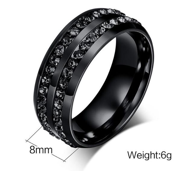 

8mm mens black stainless steel ring with black stones around inlaying wholesales and cheap, Silver