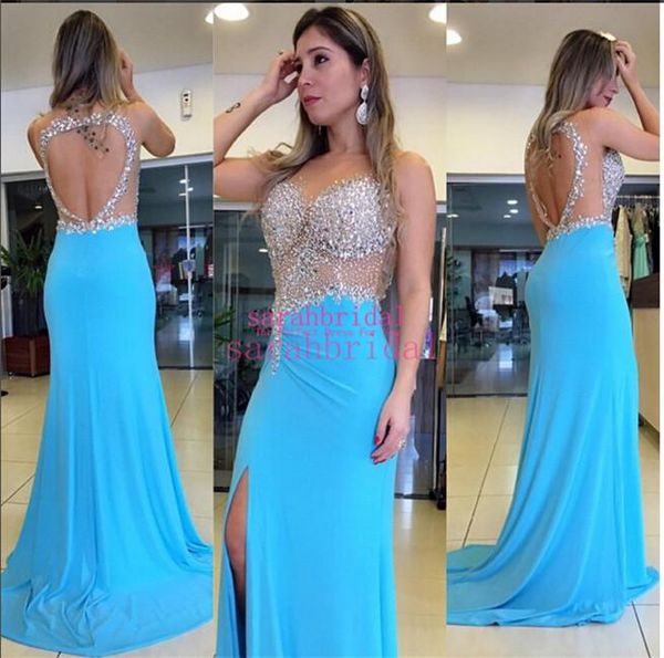 

long prom pageant dresses sheer neck crystals sky blue 12y plus size personalized slit skirt evening open back gowns grade 8 prom, Black