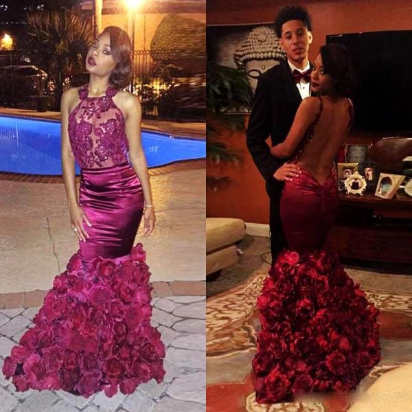 

backless see through prom dresses south african style dark red handmade flowers sequins appliques mermaid evening gowns cocktail dress, Black