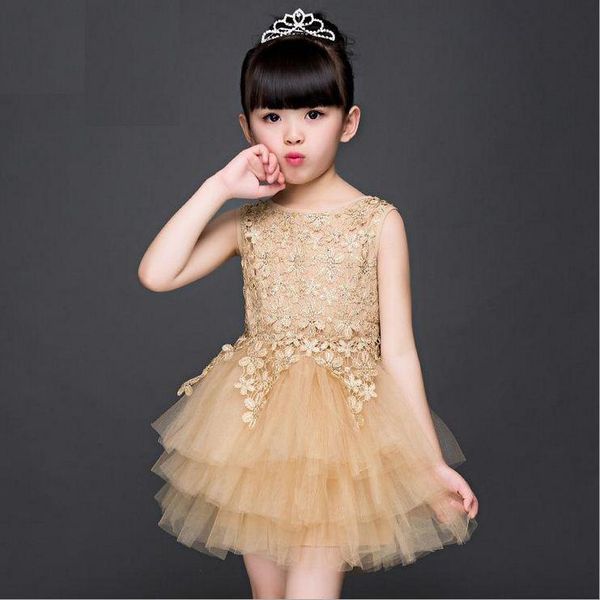 

girl round collar sleeveless dress the new summer golden children dance princess dress pleated skirt vest kid283, Red;yellow