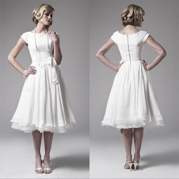 

wedding dress vintage 1950s a line tea length with short cap sleeves chiffon satin short beach bridal gowns custom made china, White