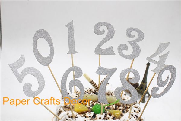 

wholesale-set of 10pcs silver glitter cake ers personalized birthday party decorations wedding cupcake supplies numbers from 0 to 9