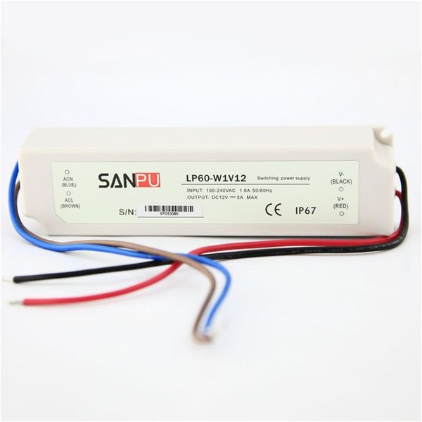 SANPU 60 W wasserdichtes LED-Netzteil, 12 V/24 V DC-Treiber, IP67, weißes Kunststoffgehäuse, Streifentransformator LP60-W1