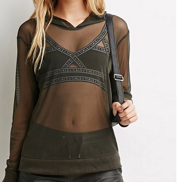 

Women Sweatshirt Hoodies Sexy Sheer Shirt Black Mesh Transparent Perspective Pullovers Tops Casual Tees Back Hoody Hoodies