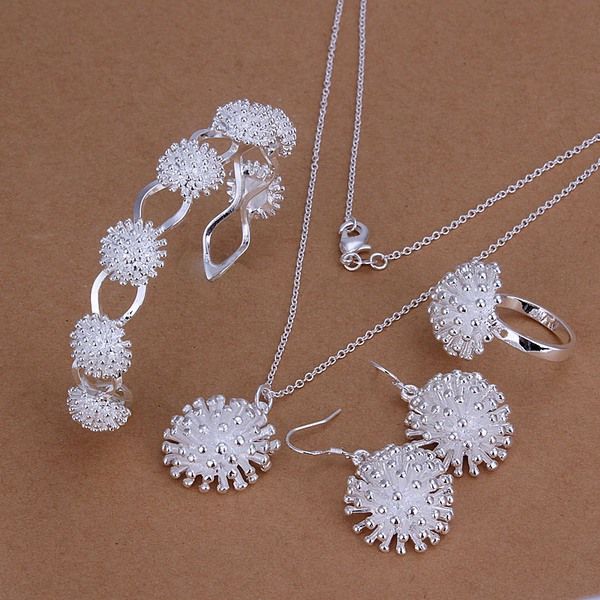 

wedding fireworks sterling silver plated jewelry set for women es329,fashion 925 silver necklace bracelet earring ring set, Black