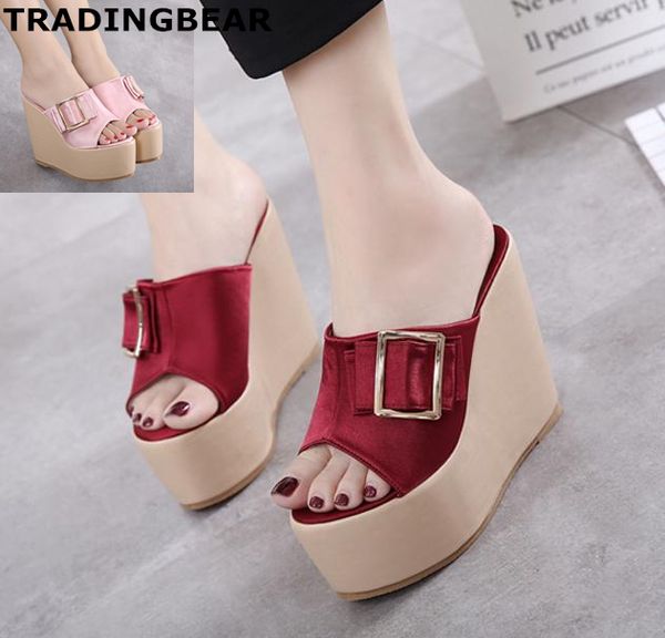 

Sexy ladies wedge sandals with buckle pink wine red satin high heels shoes Size 34 to 39