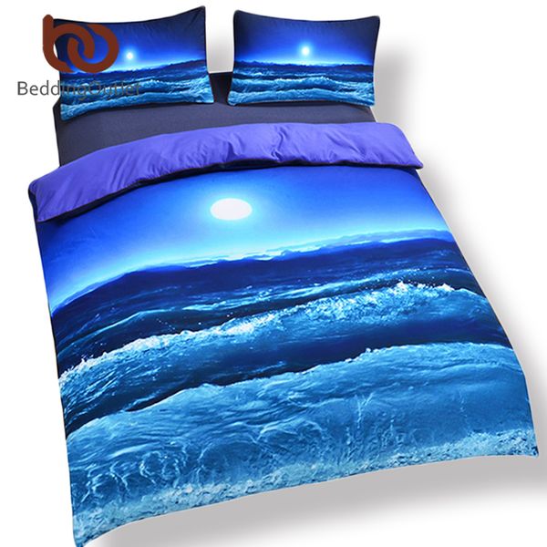 

wholesale-seller moon and ocean bed spread cool 3d print bedlinen soft blue bedding set 3pcs or 4pcs twin  king