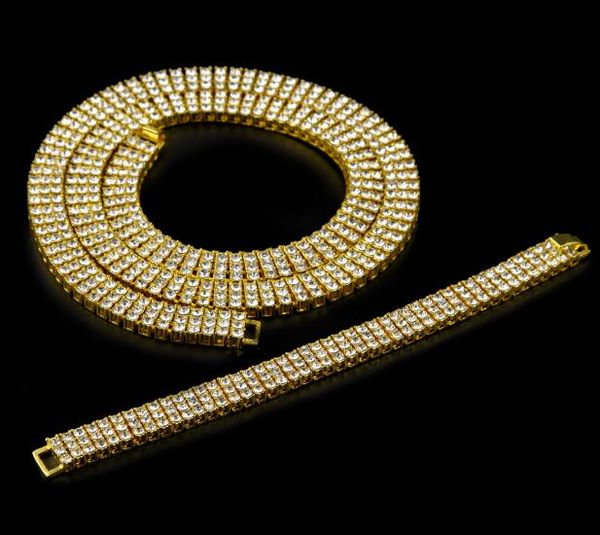 

new sale men's gold color necklace bracelet set hip-hop iced out 30" 3 row bling rhinestone crystal chain necklace bracelet punk j, Black