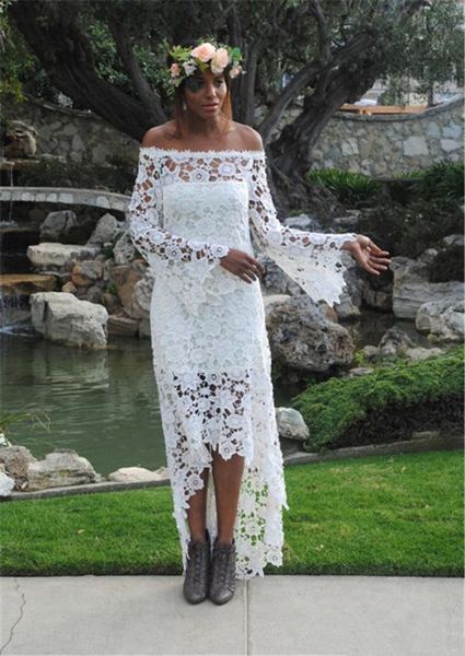 

high low lace wedding dresses 2019 new selling summer style long sleeve off-the-shoulder bridal gowns vestido de noiva custom made w1031, White