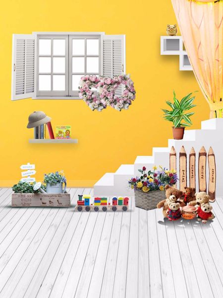 Solide gelbe Wand, Fenster, Innenraum, Fotohintergrund, Babyparty, bedruckt, Blumenkranz, Spielzeugbär, Kinderfotografie, Hintergründe, Holzboden