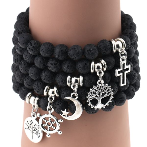 Bracciali con perline di roccia lavica calda Timone albero croce piuma stella fascino Bracciale elasticizzato in pietra naturale nera per gioielli artigianali di moda da donna