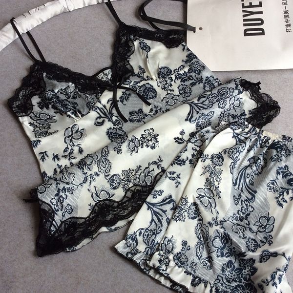 

wholesale- flower printed women summer satin pajamas set spaghetti strap&short pants v-neck sleepwear suit lace nightgown  l xl xxl, Black;red