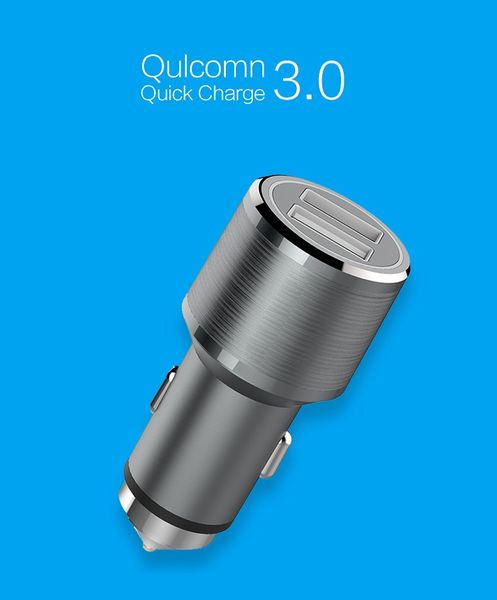 Безопасный молот Алюминиевый сплав Shell QC 3.0 + 2.4A До 30W 2 порта USB Автомобильное зарядное устройство для смартфона планшетного ПК 50pcs / lot