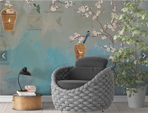 Acquista vintage plum bird pittura murale soggiorno decorazione ... Murales parete casa