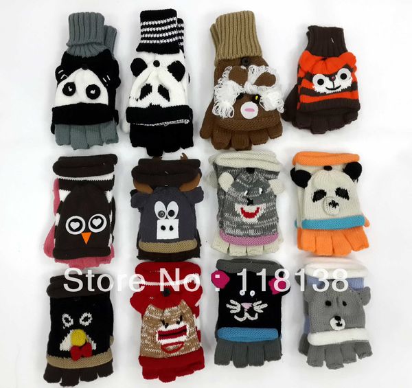 

wholesale- cute animal fingerless knit gloves with cover flip over christmas gift for school girls boys,ing, Blue;gray