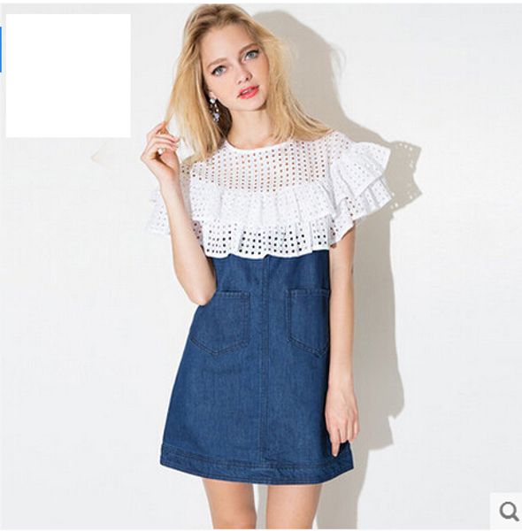 

весна и лето джинсовое платье falbala лоскутное свежие молодые дамы сетка ткань pockage трапеция мини-платье с коротким рукавом, Black;gray