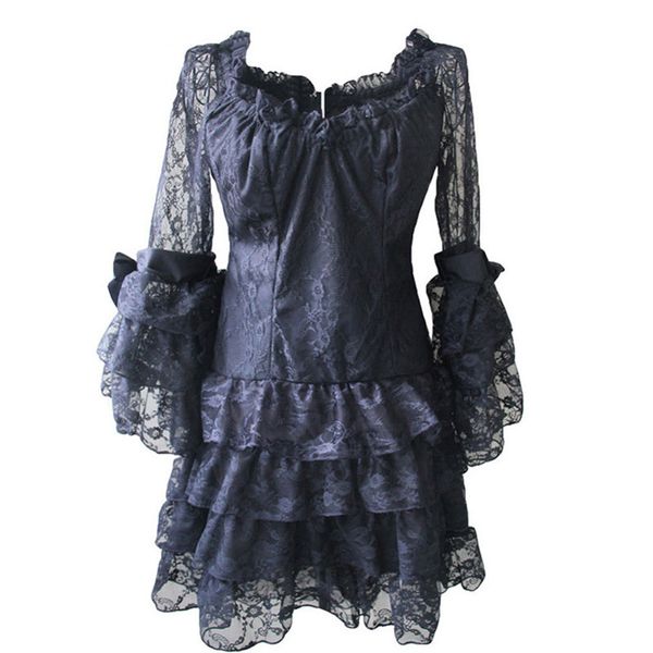 Camicia in camicetta con corsetto lungo in stile Lolita in pizzo nero gotico vittoriano con volant / mini abito con dettagli in fiocco di pizzo Abito a corsetto vittoriano