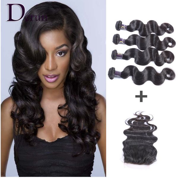 Brazilian Human Weave Hair Weft Extensions 4 Bundles And Top Lace
