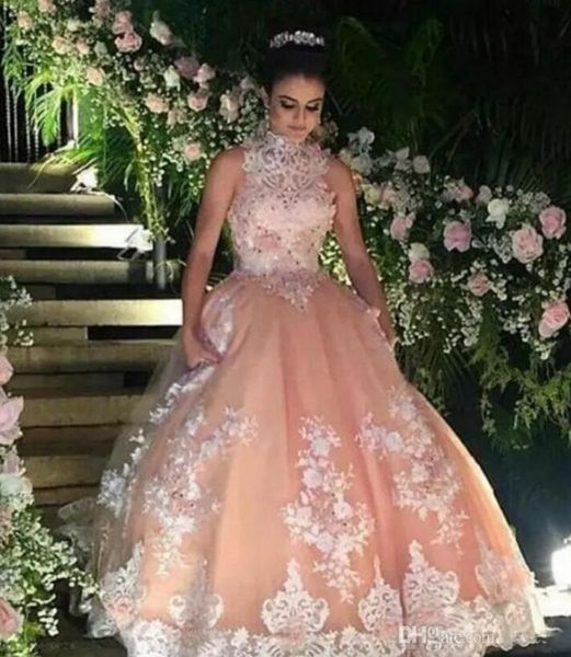 

персик органза quinceanera платья 2017 новый высокий шею рукавов кружева аппликация бисером бальное платье сладкий 16 длина пола театрализов, Blue;red