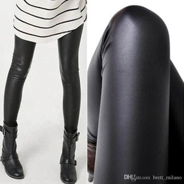 

wholesale- women black wet look faux leather leggings slim shiny pants selling #c