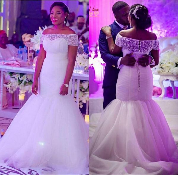 

off shoulder trumpet wedding dresses mermaid lace wedding gowns sweep train short sleeve vestidos de novia bateau bridal dresses custom made, White